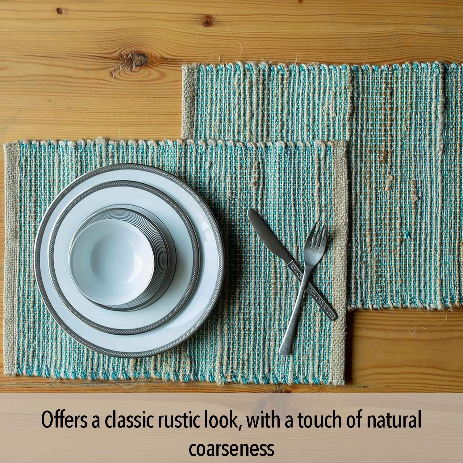 Natural Jute & Aqua Turquoise Placemats, Set of 4 – Rustic Handmade Boho Table Mats, 13x19 in Dining Table Placemats
