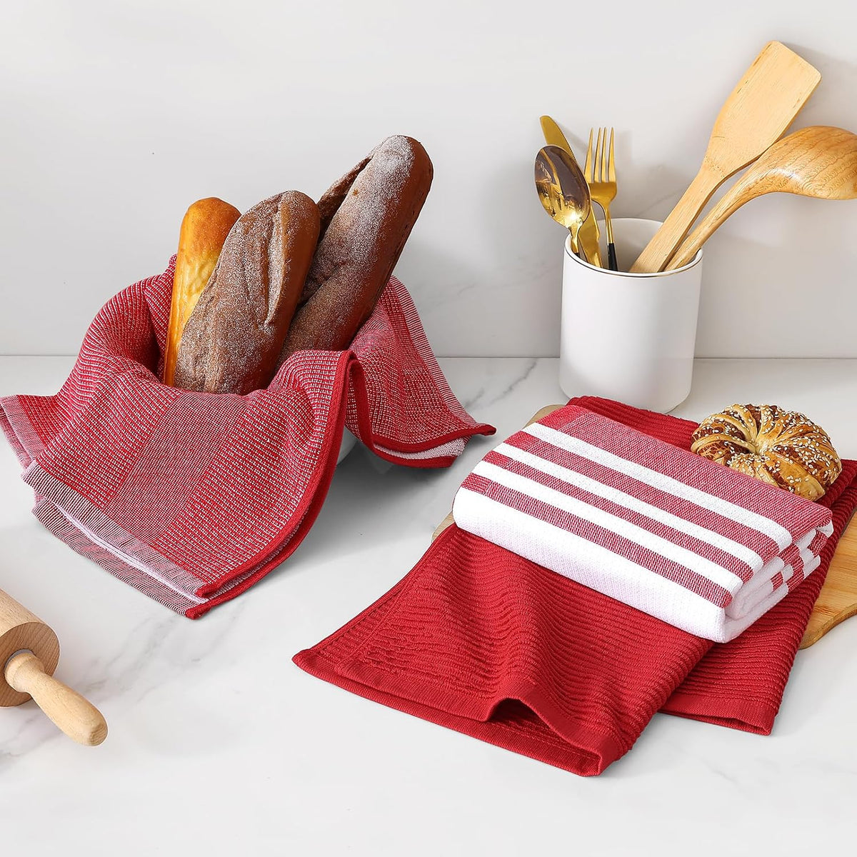 Homaxy Cotton 380 GSM Premium Kitchen Towels, 18"x 28", 12 Pack, Red | Soft and Absorbent Terry Dish Towels