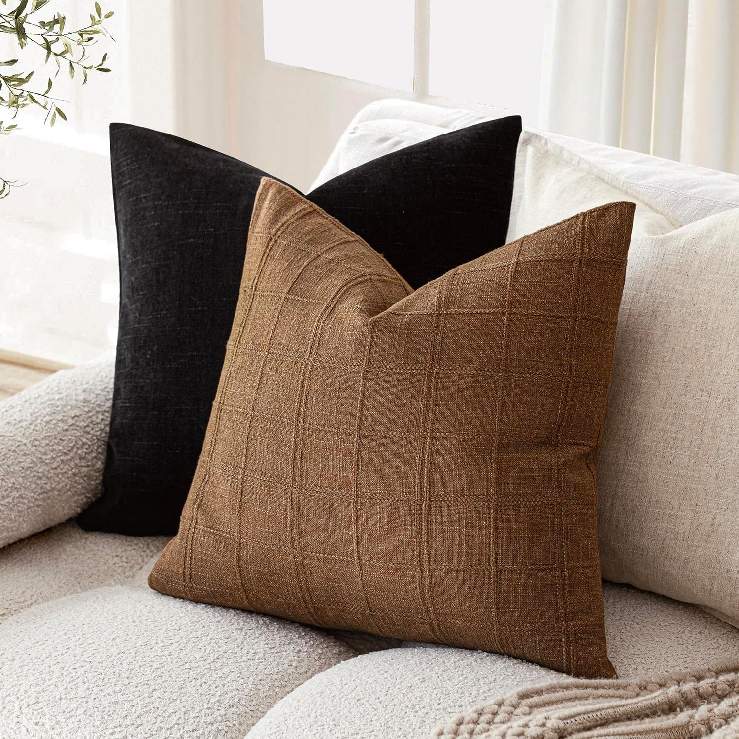 Decorative Linen Check Throw Pillow Covers Neutral Farmhouse / 18 x 18 / Brown Sugar / Set of 2