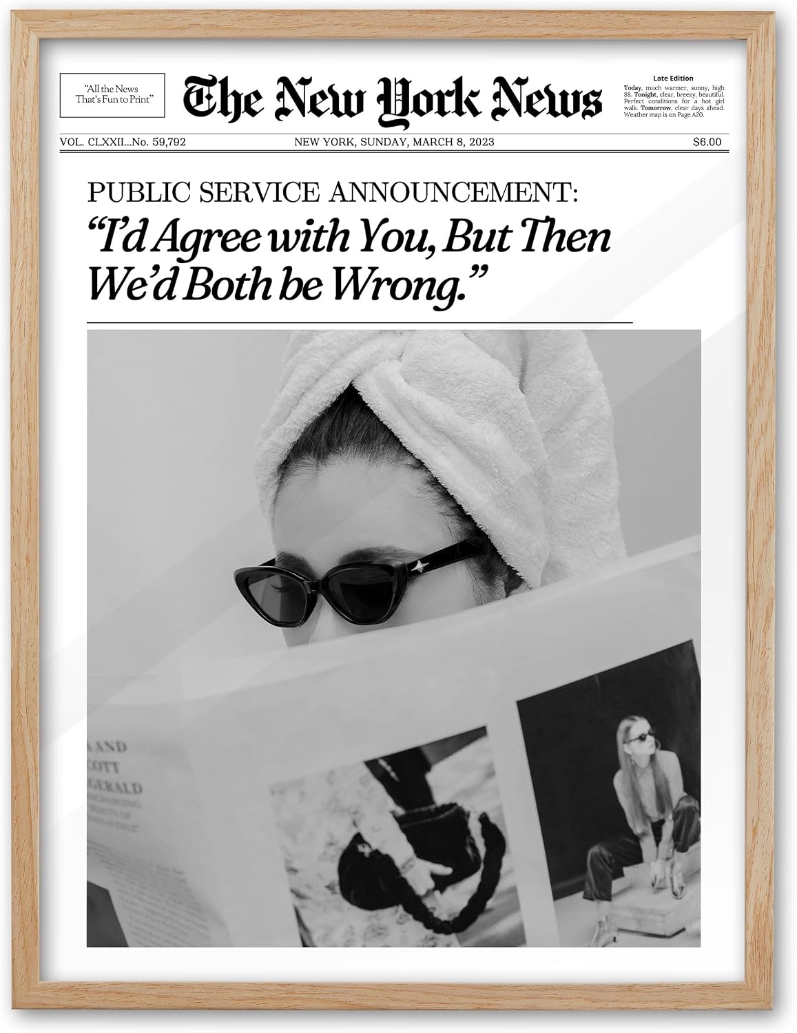 EcoHest Small 8x10 in Cool Girl Newspaper Framed Wall Art for Bedroom