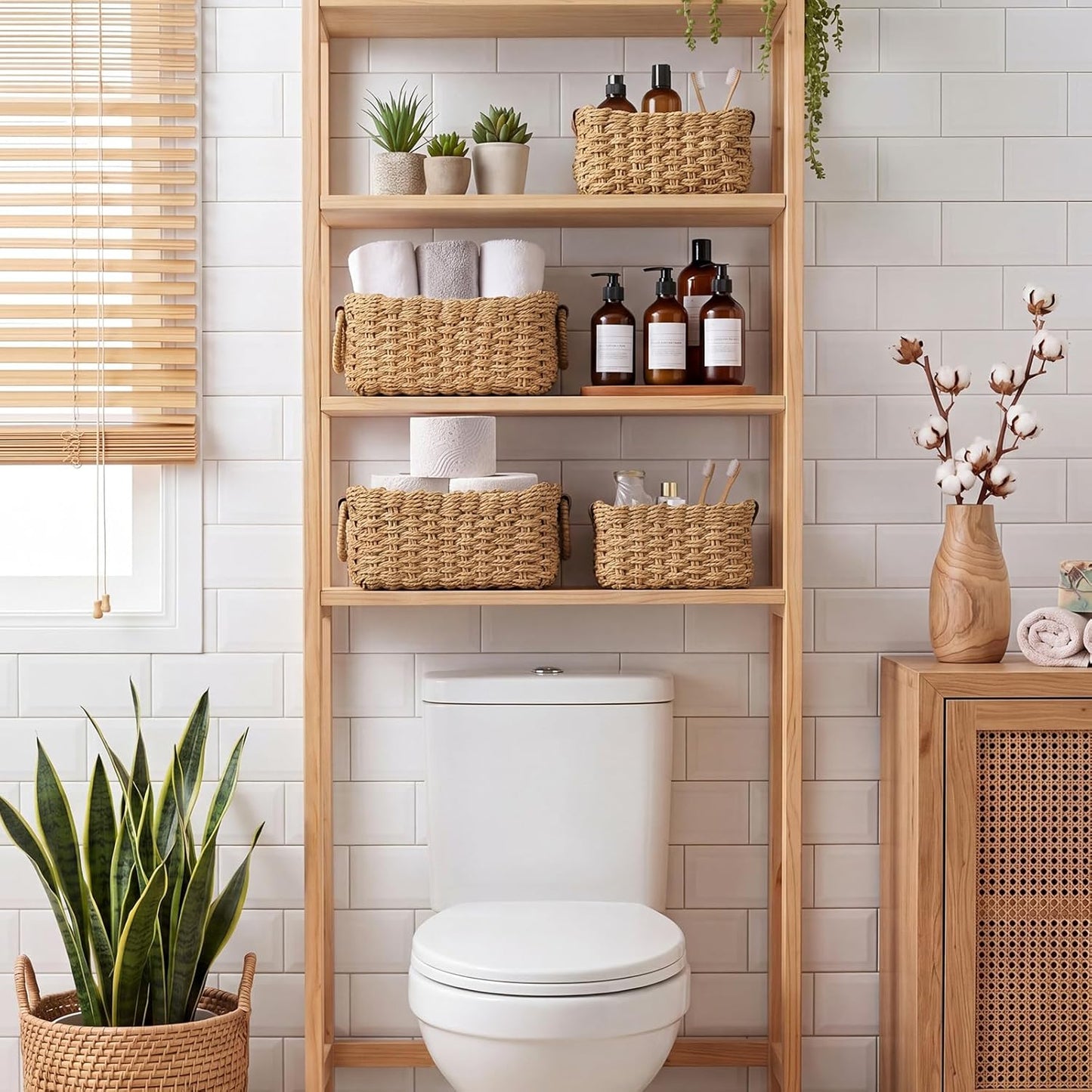 Toilet Paper Storage Wicker Baskets Bathroom Counter Organizer / Paper Rope / Brown / Set of 3