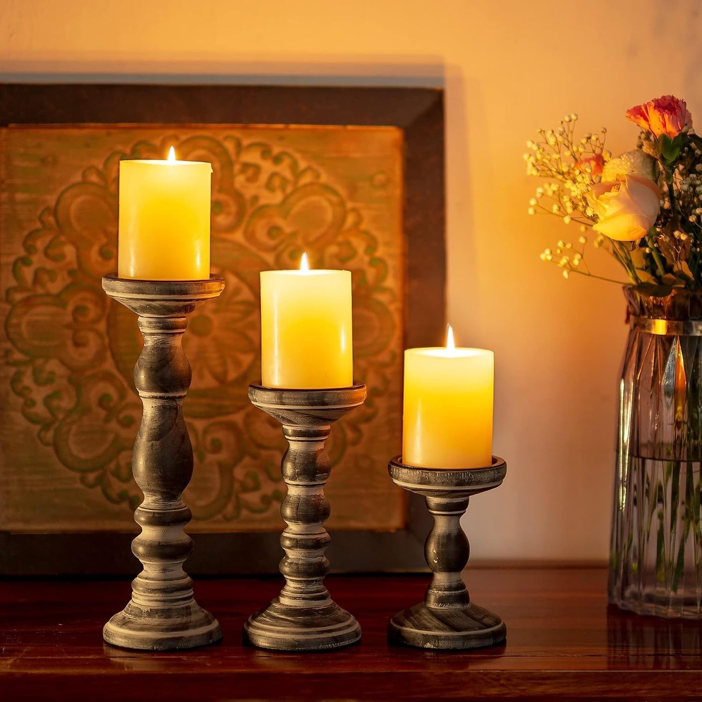 Wood Pillar Candle Holder: Rustic Distressed Black Candle Stand | Solid Pine Wooden Decor, for 3.15" Pillar, Farmhouse