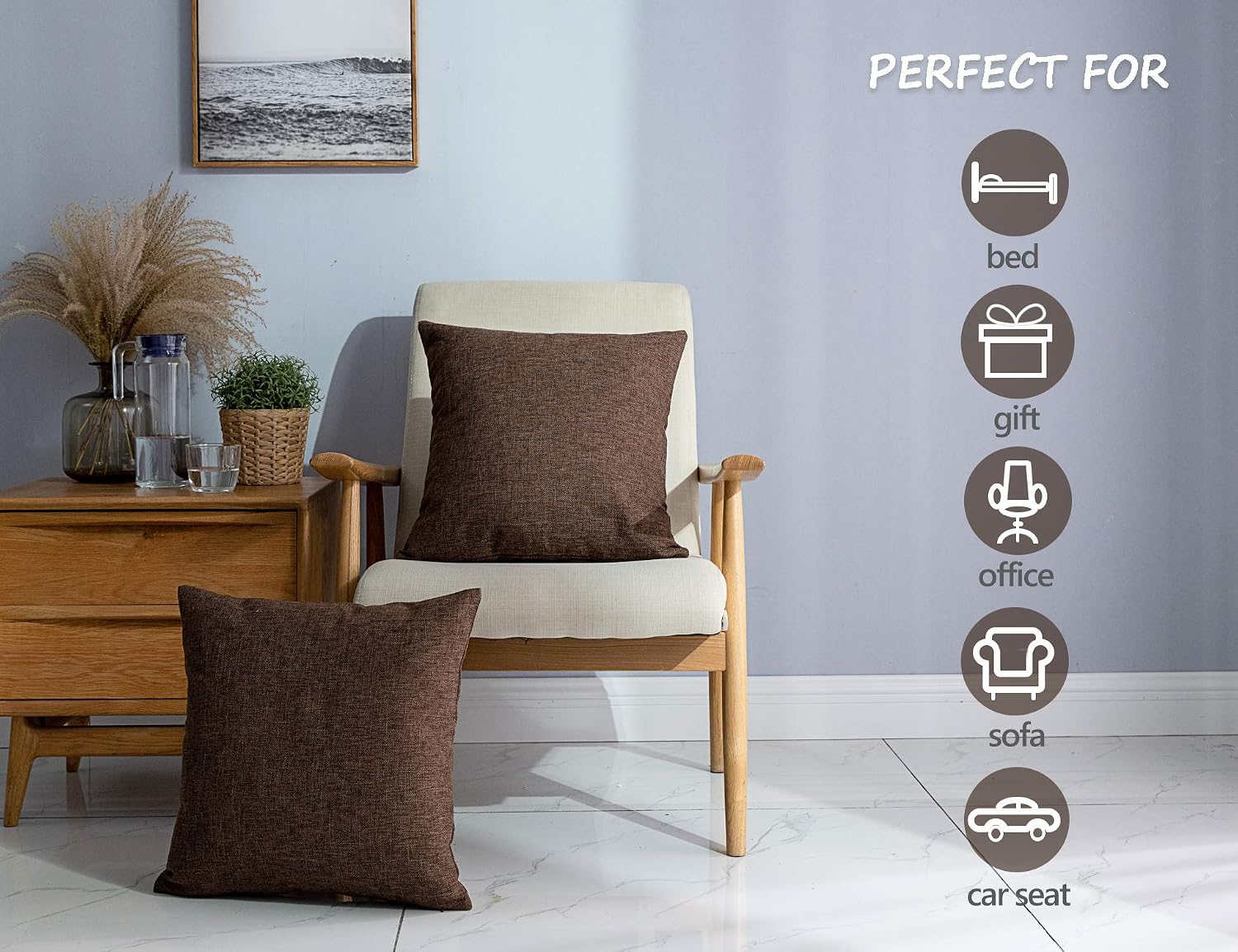 Fall Burlap Throw Pillow Covers Square Solid Farmhouse Linen Cushion / 18 x 18 / Brown / Set of 2