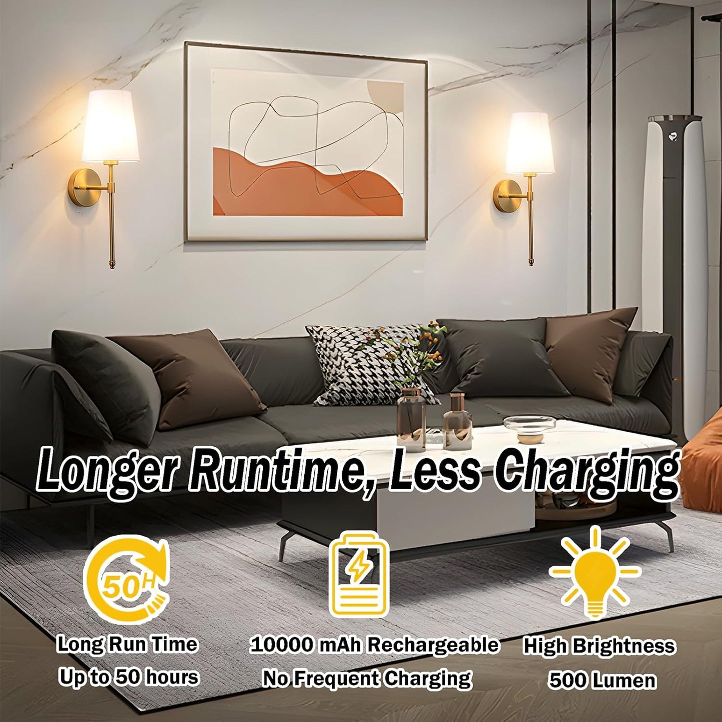 YHCDLAMP Battery Operated Wall Sconces Set of 2, Rechargeable Wireless Wall Lights with 10000mAh Magnetic Bulbs, Up to
