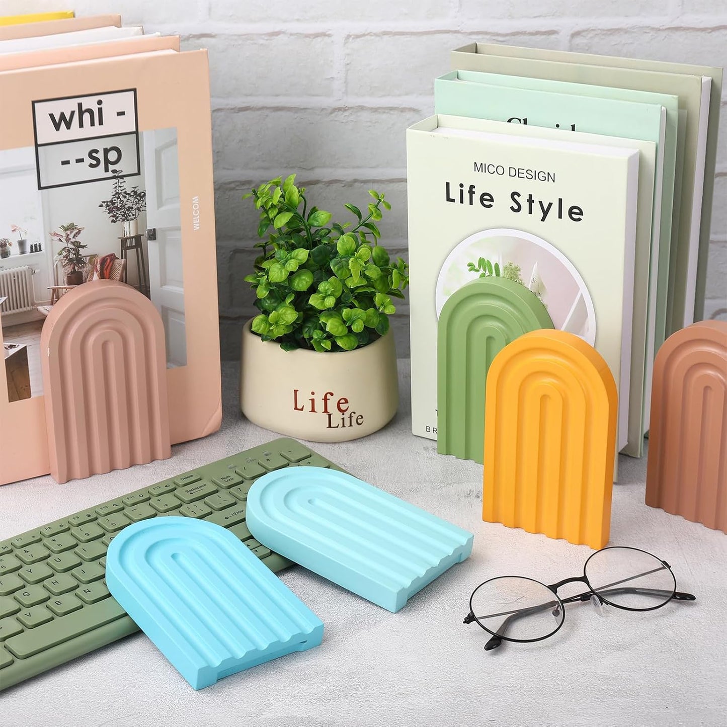 Boho Arch Wood Bookends Colorful Book Stand Non Skid Decorative Rainbow Book Ends / Set of 6