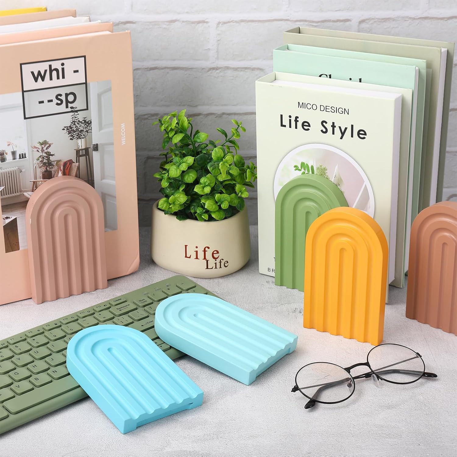 Boho Arch Wood Bookends Colorful Book Stand Non Skid Decorative Rainbow Book Ends / Set of 6