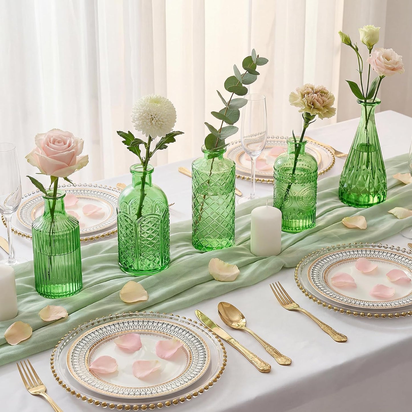 Armber Small Vintage Glass Clear Bud Flower Vases Bulk Multiple Shape Mini Glass / Green / Set of 12