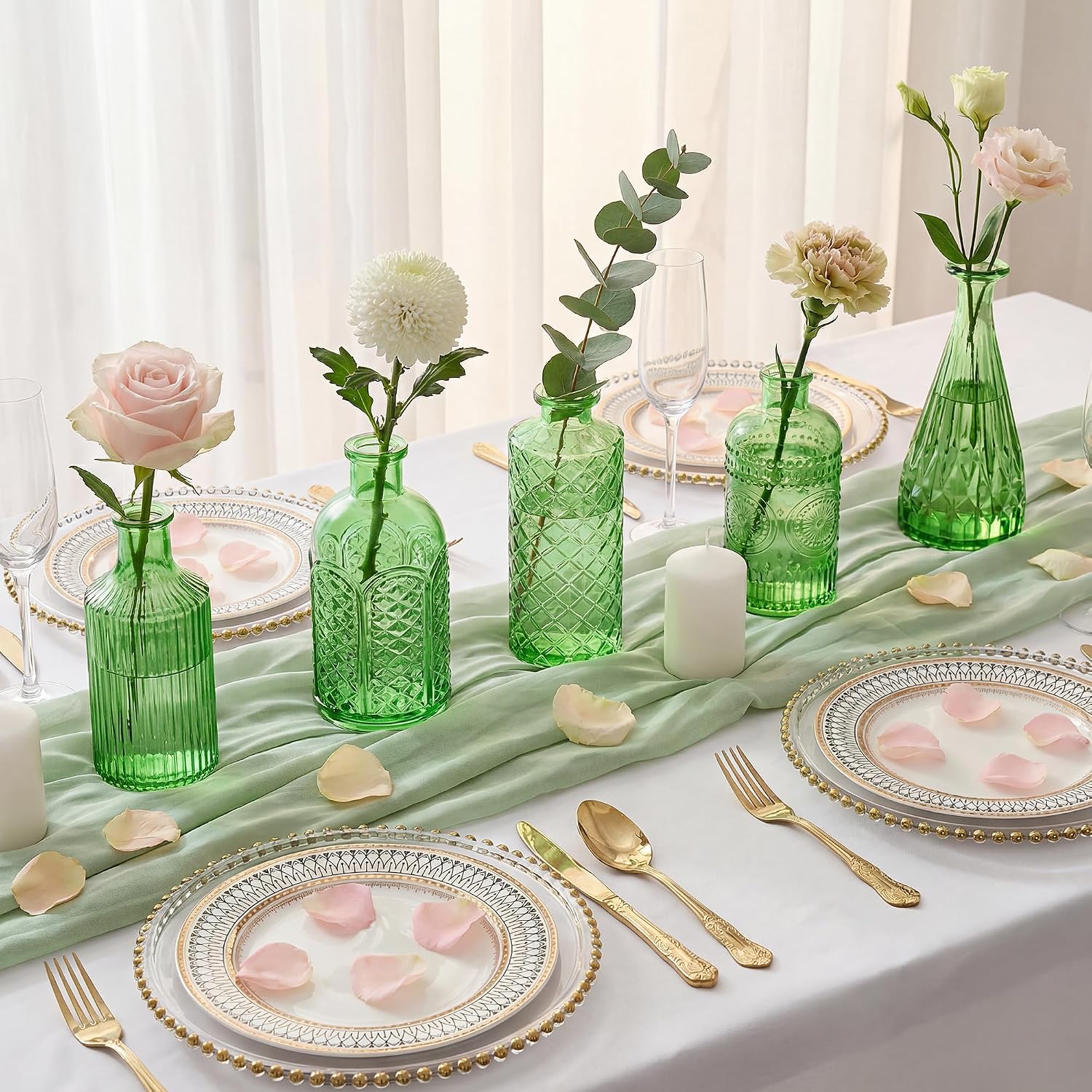 Armber Small Vintage Glass Clear Bud Flower Vases Bulk Multiple Shape Mini Glass / Green / Set of 12