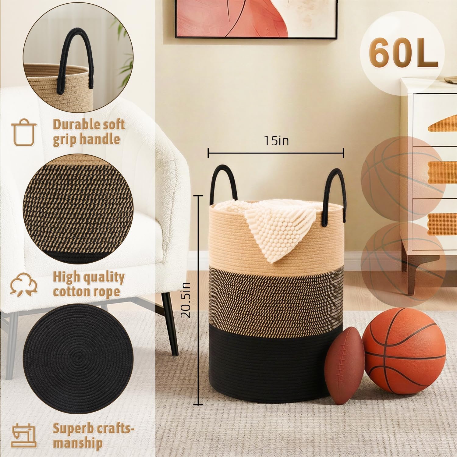 Laundry Basket / Woven Cotton Rope Laundry Hamper / Black & Brown / 60L