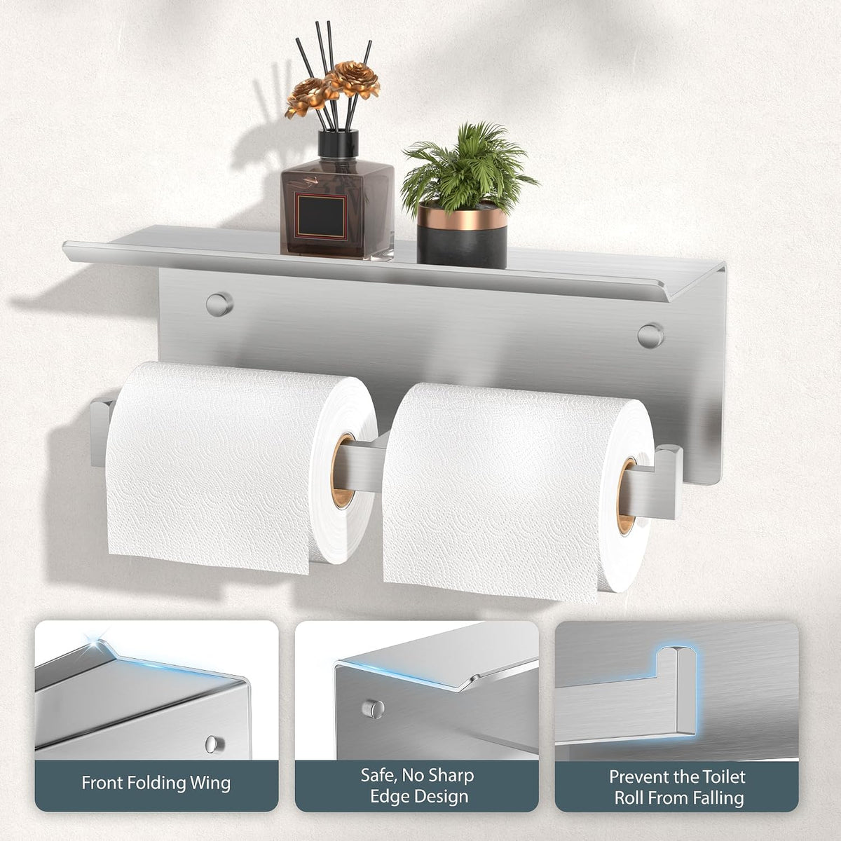 FORIOUS Toilet Paper Holder with Shelf, Commercial Toilet Paper Dispenser | Brushed Nickel 2 Pack | SUS304 Stainless