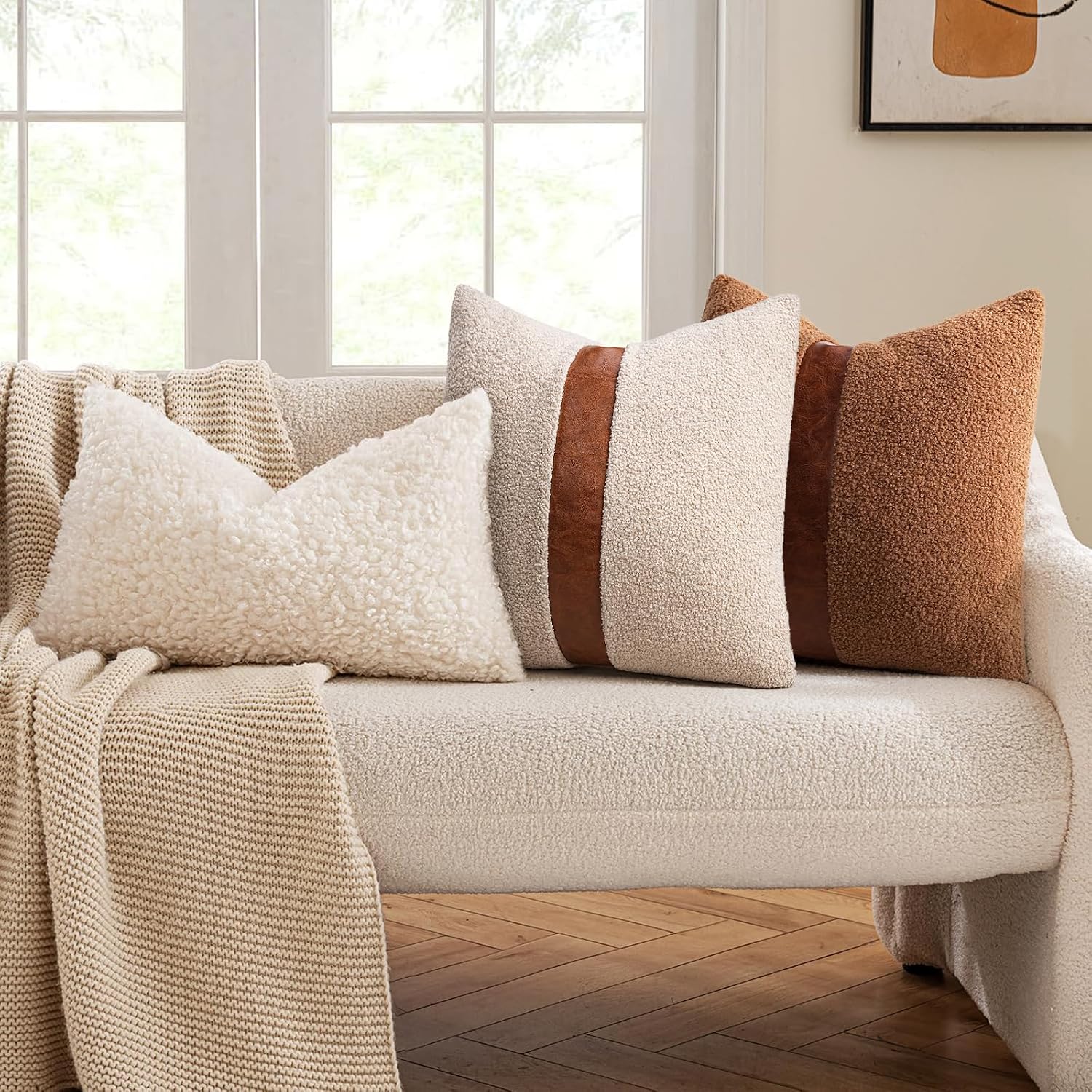 Teddy Boucle Decorative Throw Pillow Covers Faux Leather Striped / Oatmeal / 18 x 18 / Set of 2