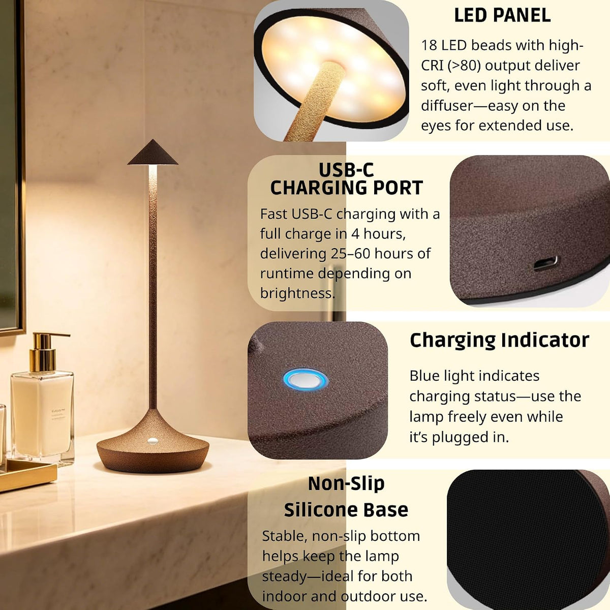 Cordless Rechargeable Table Lamp, Long-Lasting 60-Hr Battery, Dimmable LED | Set of 2 Rust with IP54 6000mAh 3 Color