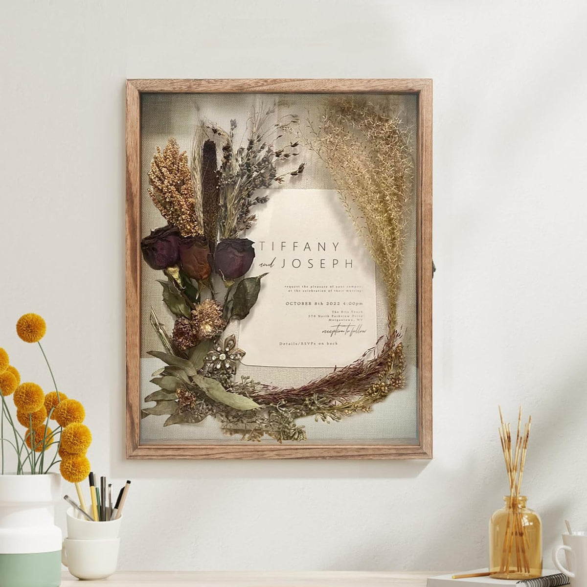 GraduationMall 16x20 Shadow Box Frame Solid Wood Glass Door Display Case with Linen Back and 6 Stick Pins,1.5 inches