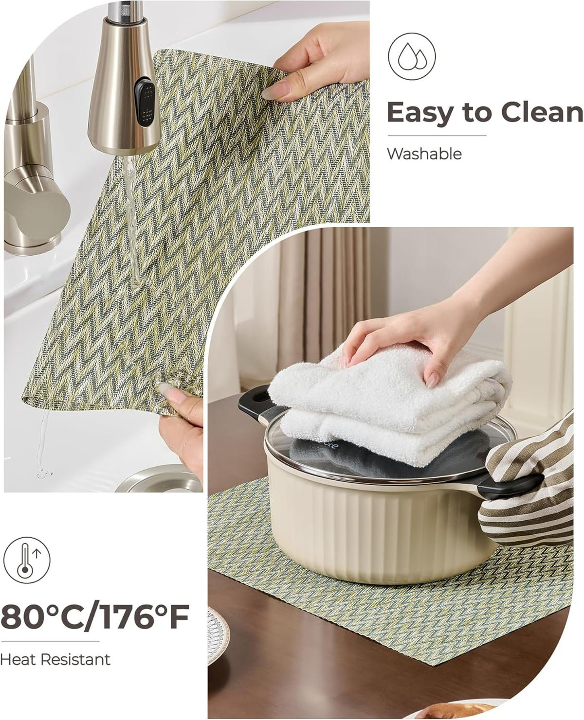 Leetaltree Woven Vinyl Placemats Set of 8,Green Zigzag | High Density，Stain Resistant, Easy to Clean, Washable Table