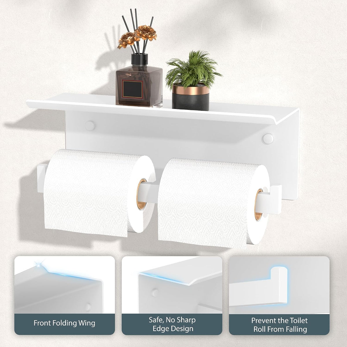 FORIOUS Toilet Paper Holder with Shelf, Commercial Toilet Paper Dispenser | White| SUS304 Stainless Steel Wall Mount