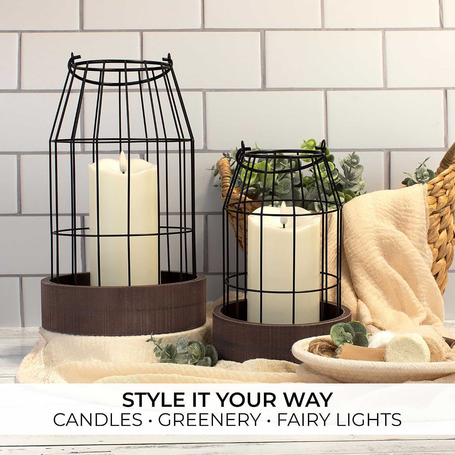 Rustic Farmhouse Lantern Decor Set of 2 - Stylish Decorative Lanterns | Modern Indoor/outdoor Coffee Table Decor for