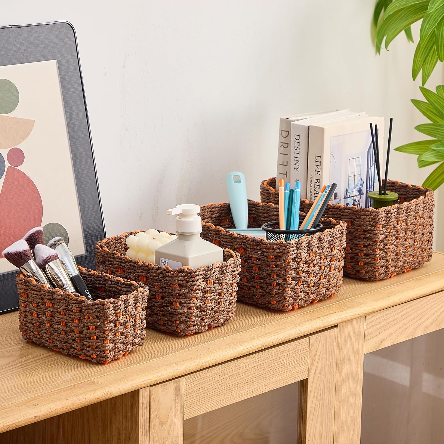 Woven Storage Baskets Set / Brown & Orange / Set of 4