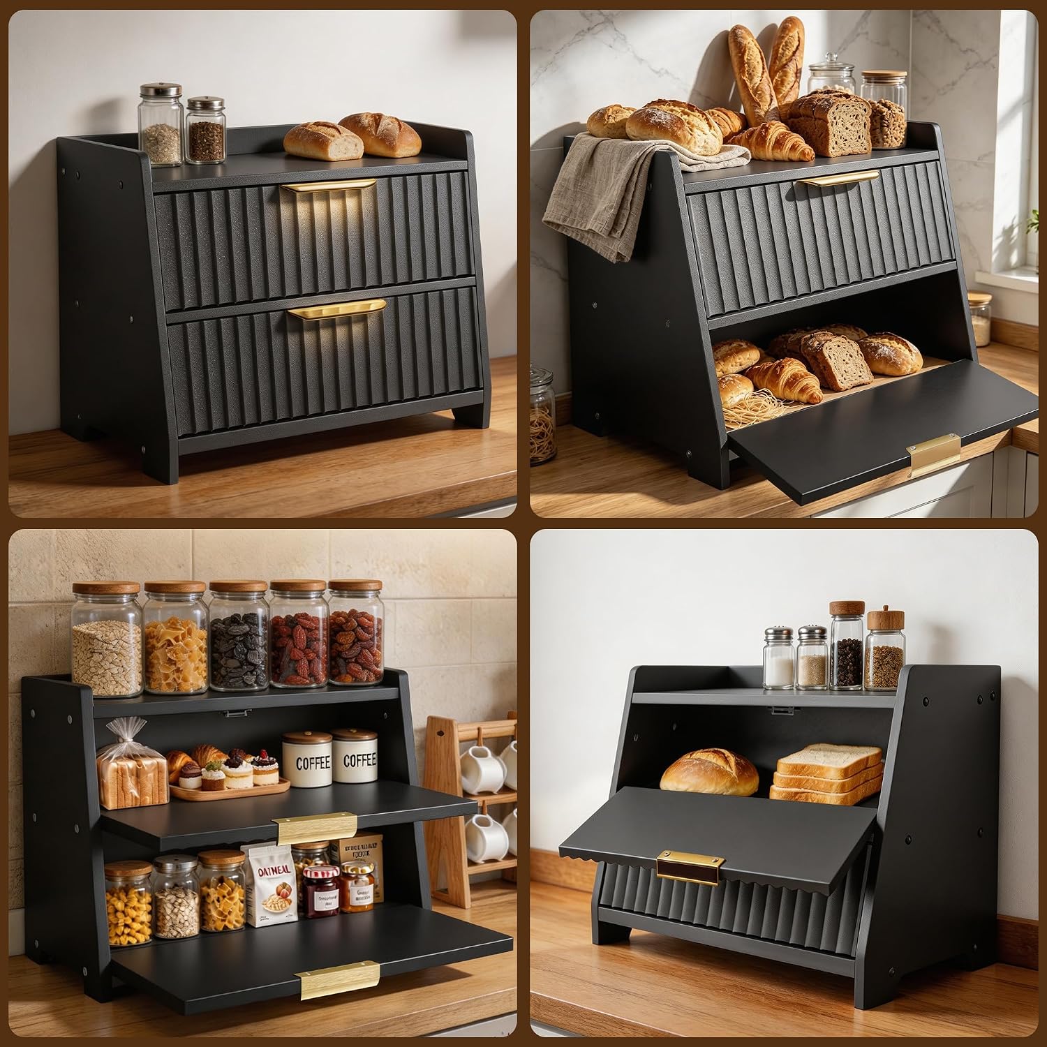 Large Bread Box for Kitchen Counter, Double Layer Wooden Bread Storage Container with Top Shelf, Countertop Organizer