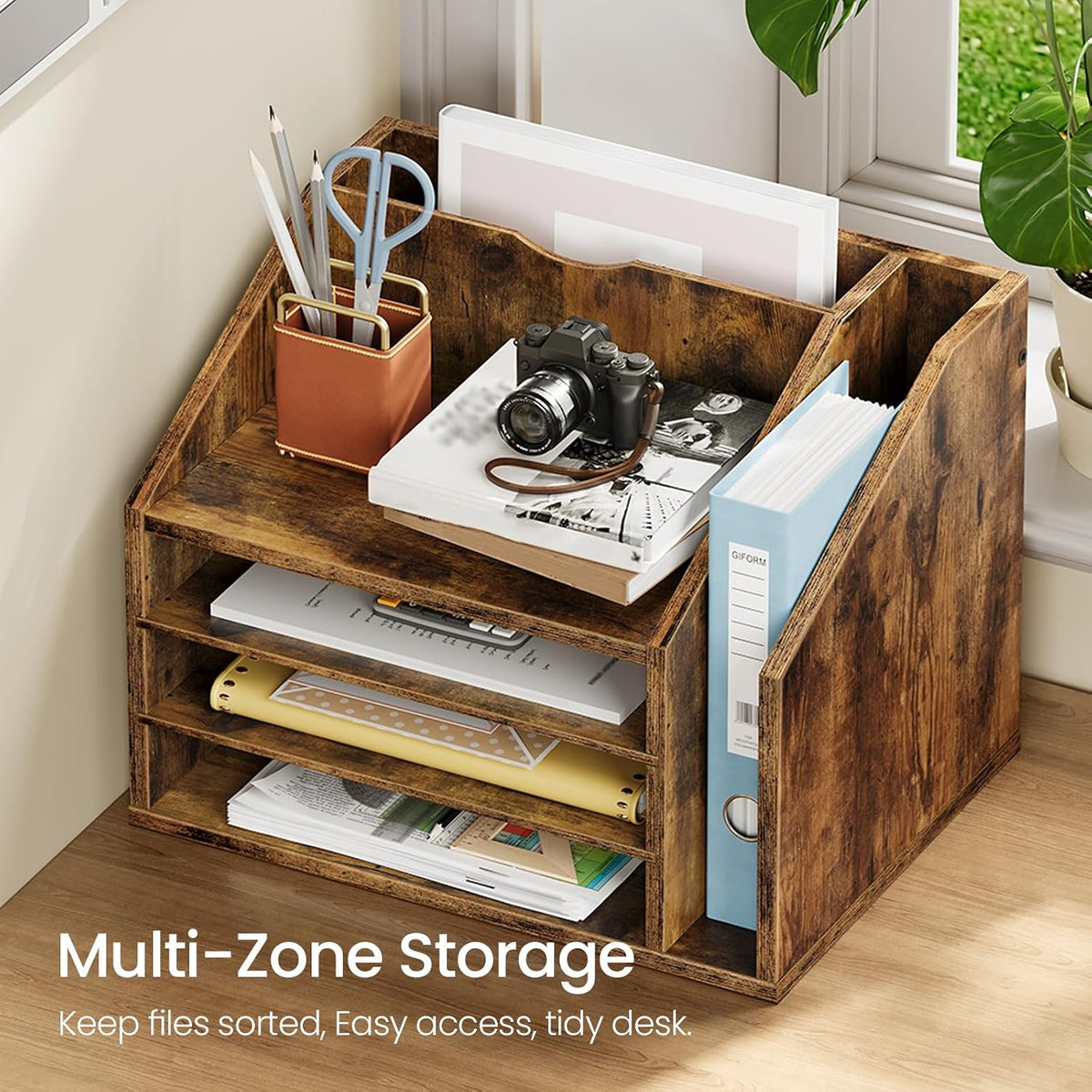 Wooden Desk Organizer with Adjustable Partitions, Multi-Layer Desktop File Holder for Home Office, Paper & Stationery