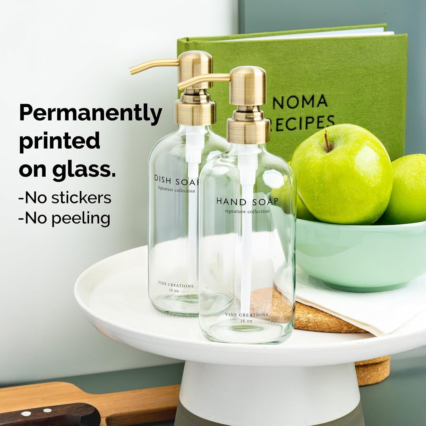Vine Creations Clear Glass Soap Dispenser Set, Dish Soap and Hand Soap Dispenser Set with Stainless Steel Pump, 16 oz