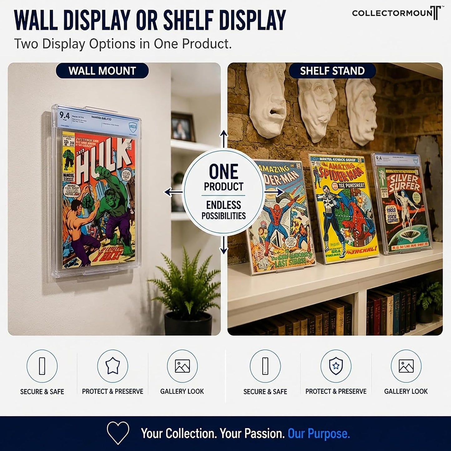CollectorMount™ Comic Book Frame Wall Mount & Shelf Stand, 3 Pack | Patented Adjustable Display for Comic Books, Graded