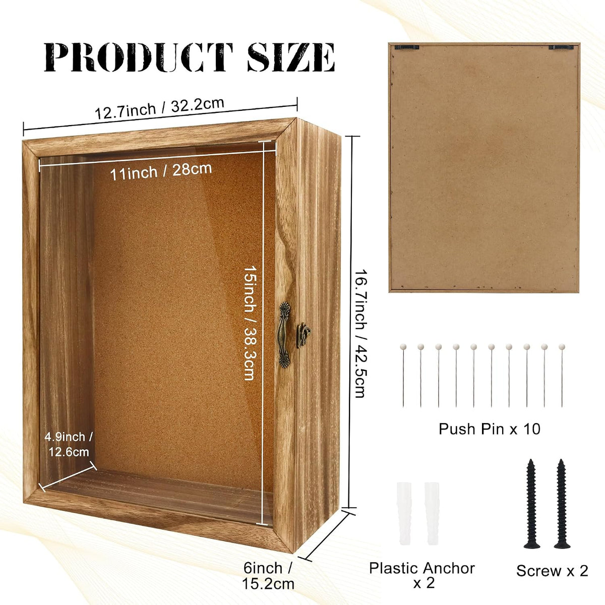 5 Inch Extra Deep Shadow Box Frame, 12x16 Wood for Memorabilia Display | Front Opening Retro Lock, with 10 Pins, Clear