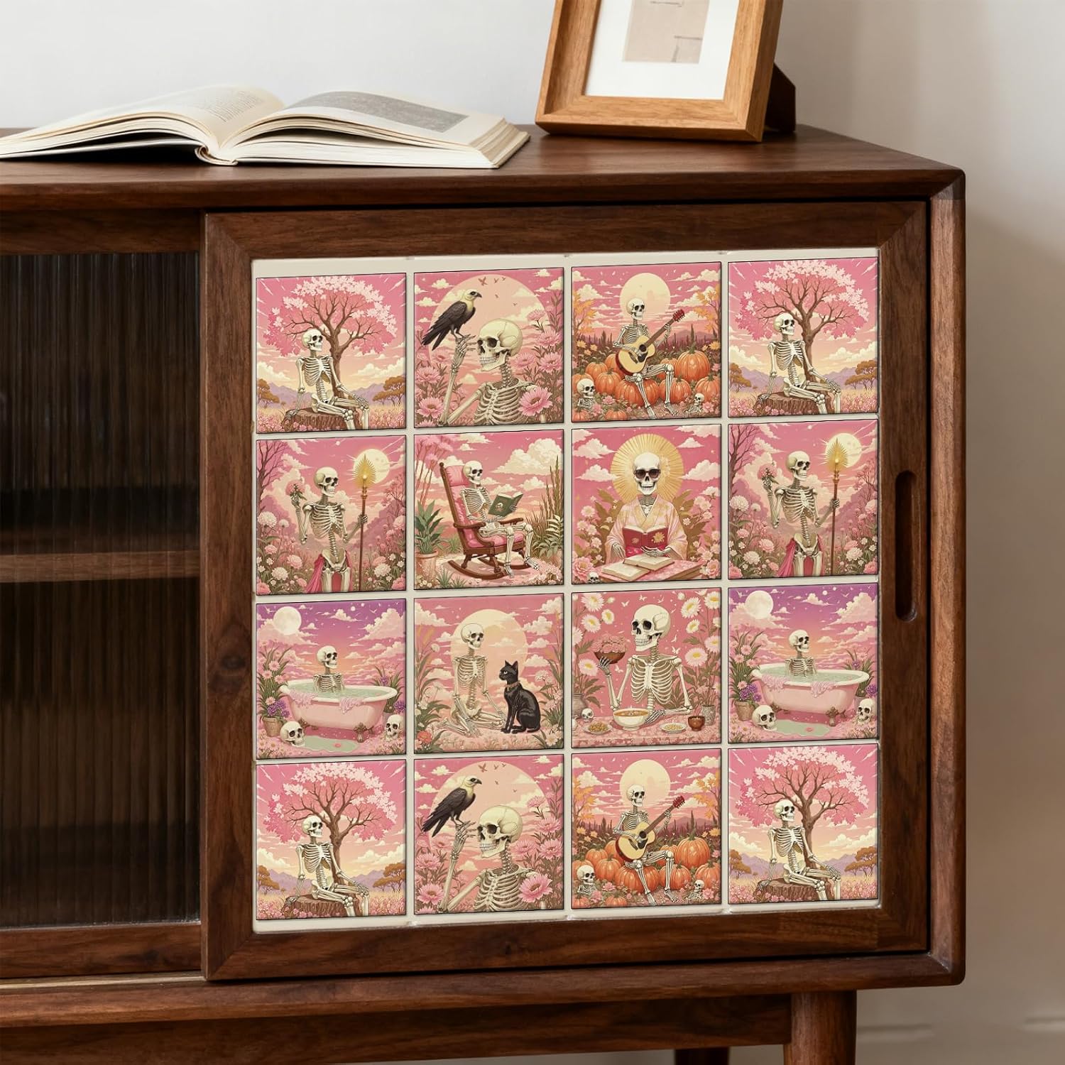 9 Style Tile Stickers Skulls Peel and Stick Dreamlike Style Wall Tile / Pink Scene / Set of 36