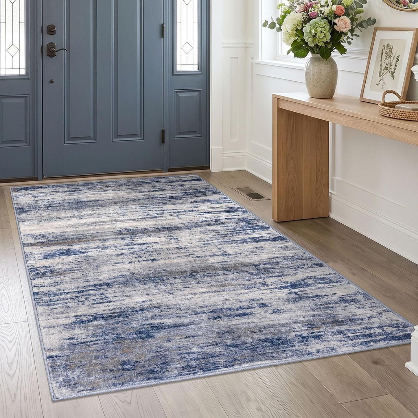 PLHXFR Area Rug Living Room: 4x6 Abstract Washable Carpet White Blue
