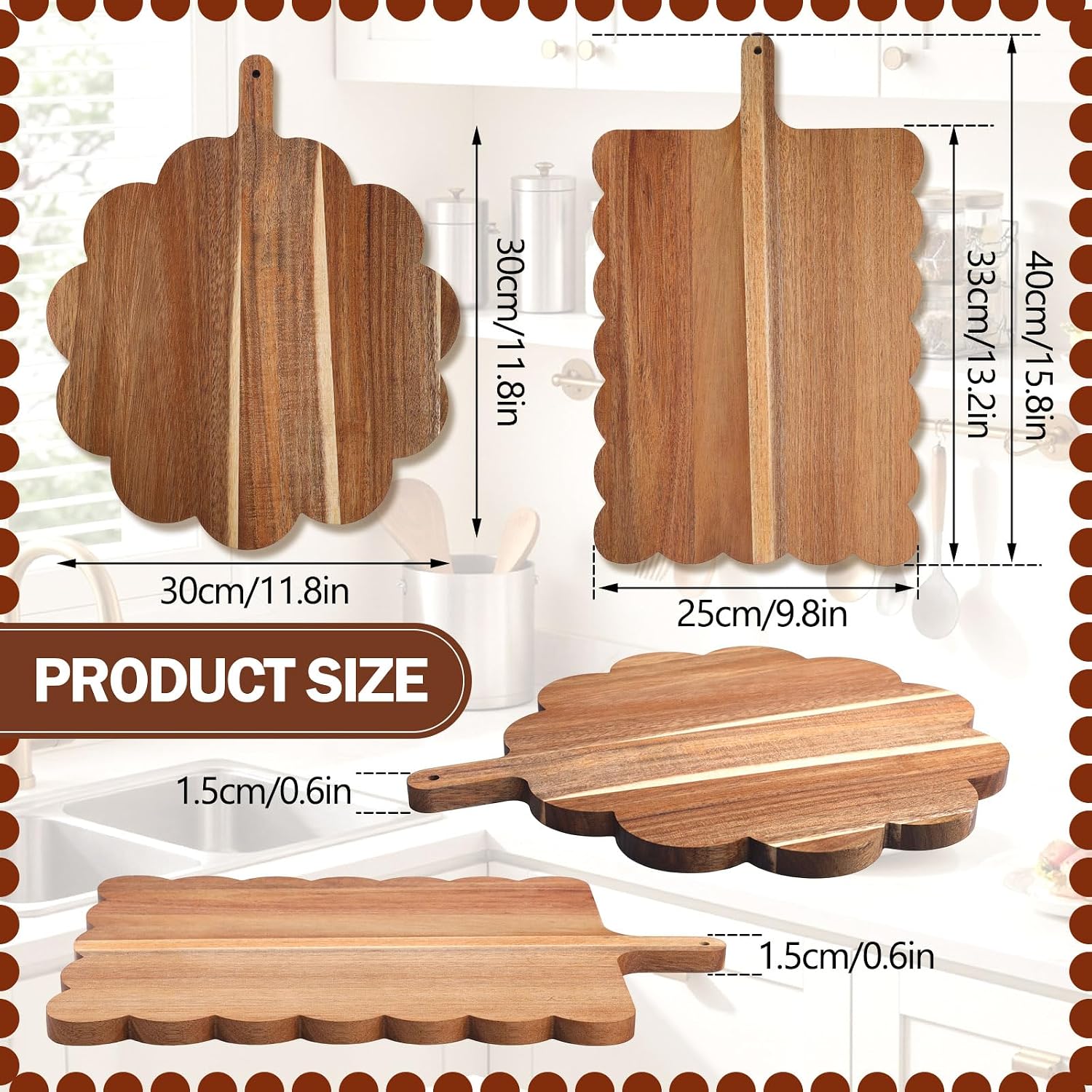 Acacia Wood Scalloped Cutting Boards Set / with Handle / Set of 2