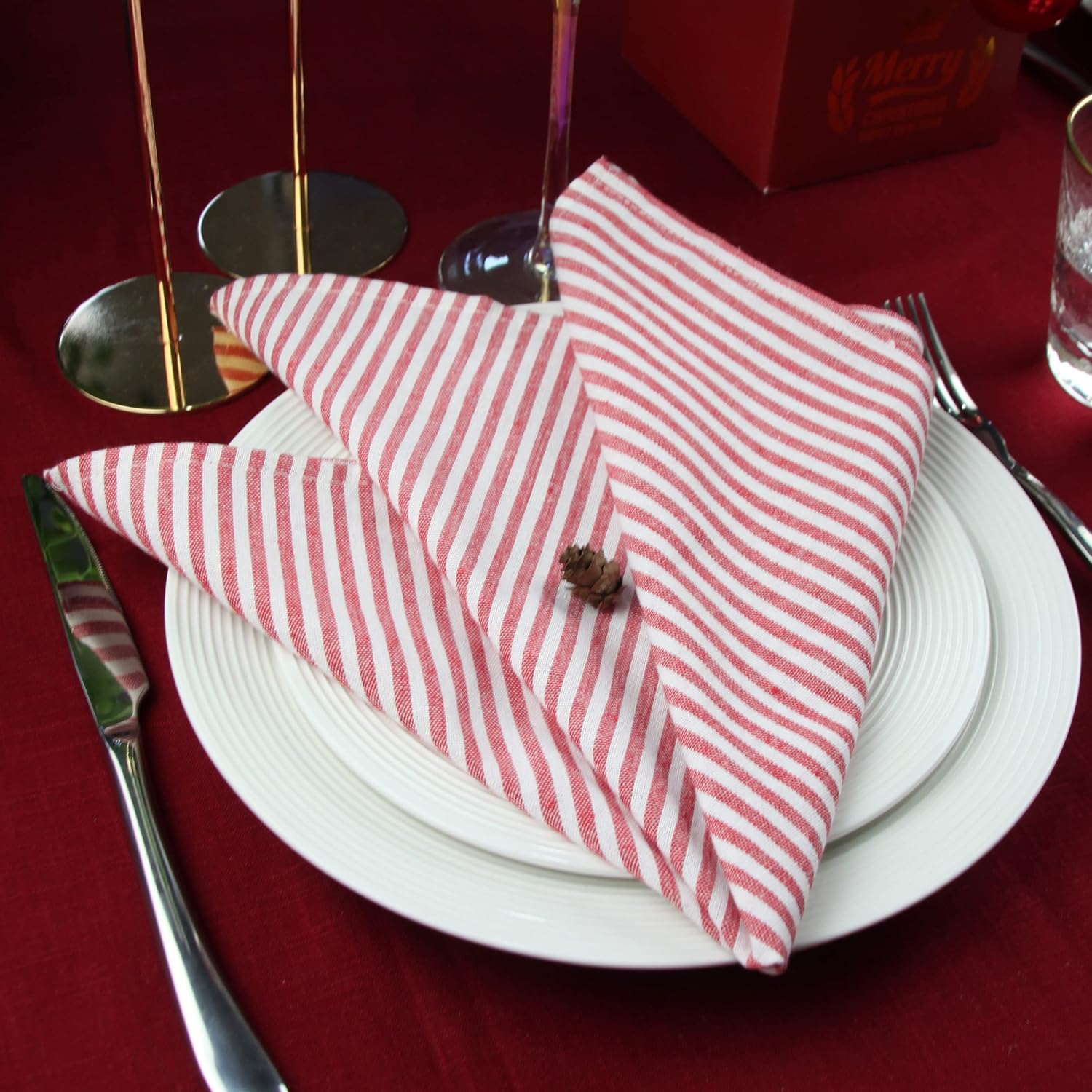 Plain Striped Cotton Linen Blended Dinner Cloth Napkins - Set of 12 (17 x 17 inches) - for Events & Home Use (Red)
