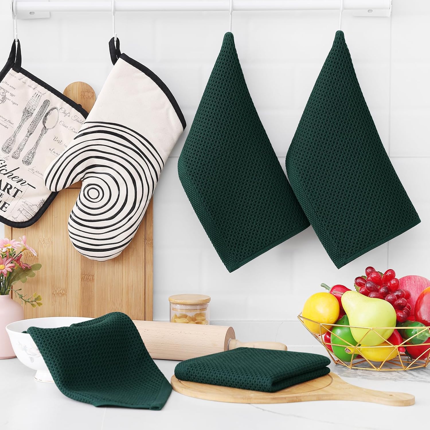 Homaxy 100% Cotton Waffle Weave Kitchen Dish Cloths 12-Pack, Blackish Green | 12 x 12 Inches, Ultra Soft Absorbent Dish