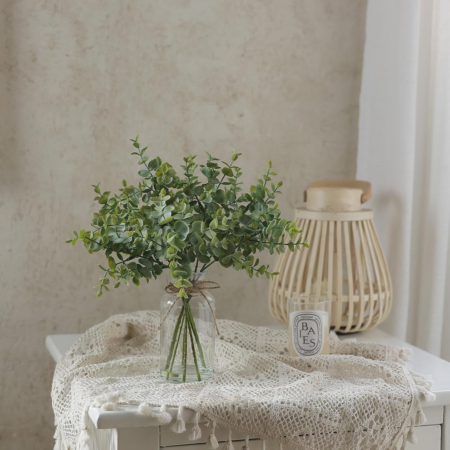 Fake Eucalyptus Stems in Glass Vase
