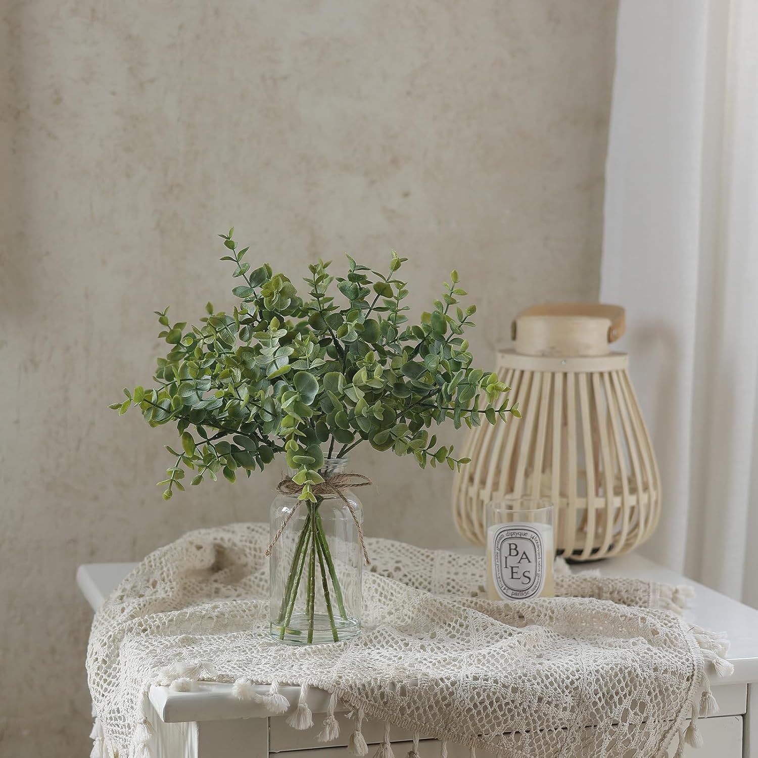 Fake Eucalyptus Stems in Glass Vase