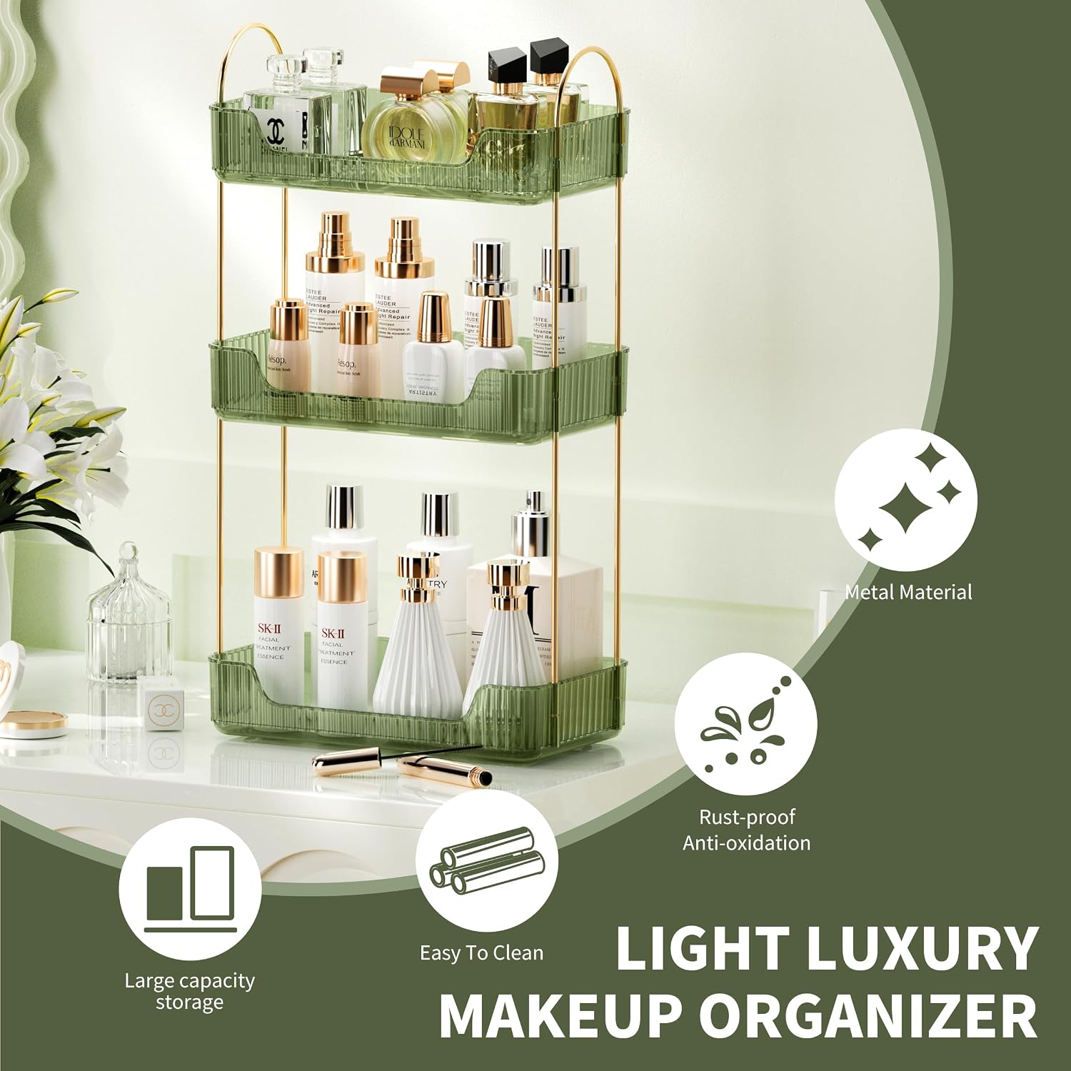 Akinbas 3 Tier Bathroom Organizer Countertop Makeup Perfume Tray Skincare Organizer for Bathroom Dresser Vanity (Green)