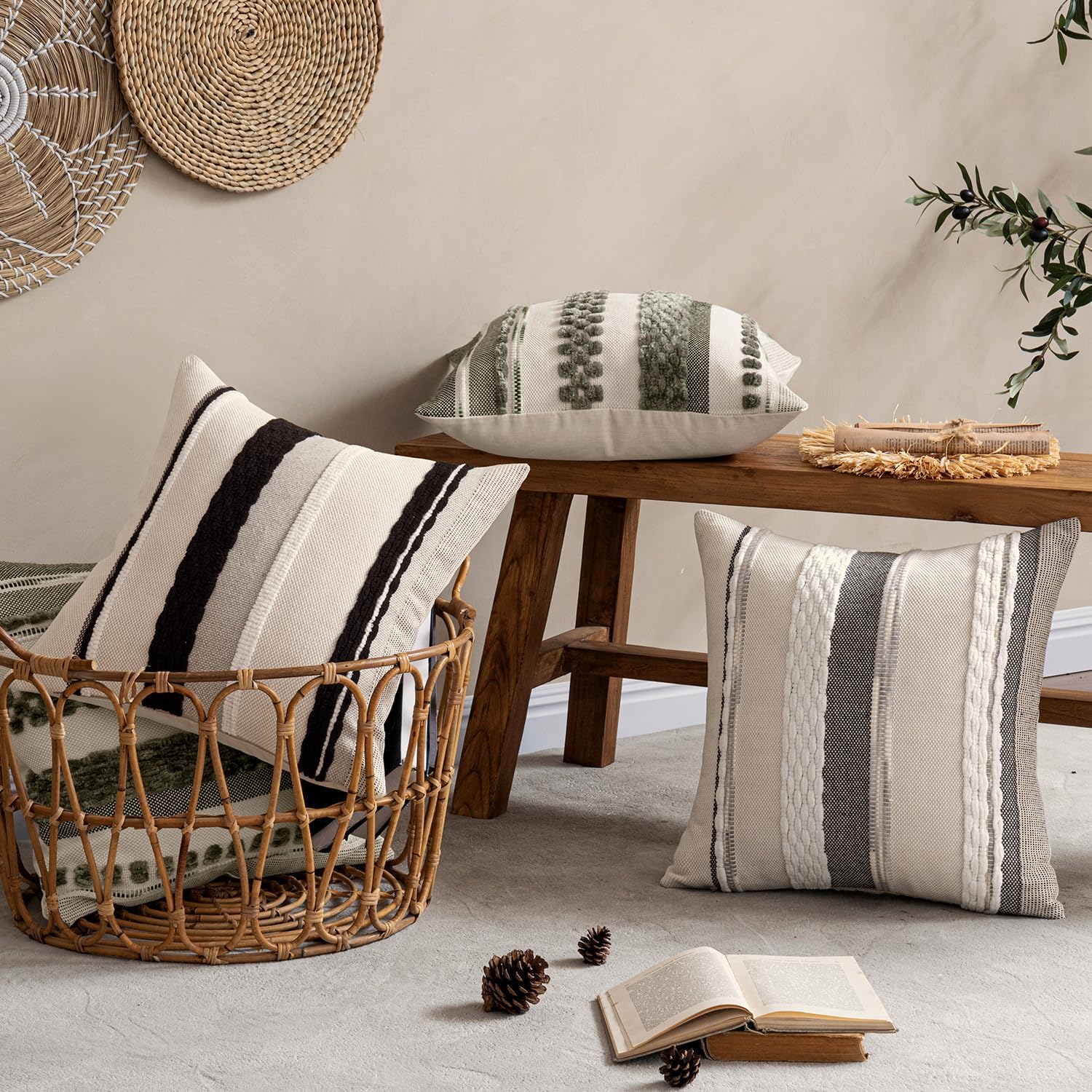 Boho Decorative Throw Pillow Covers Farmhouse Cushion / Black-white Stripe 2 / 18 x 18 / Set of 2