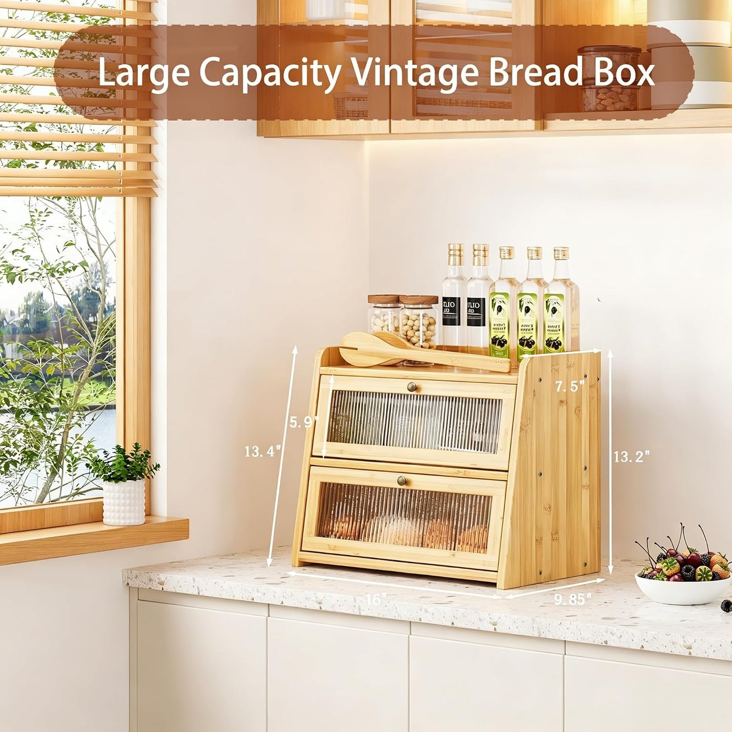 Double Layer Bamboo Bread Box with Window for Countertop | Natural Bamboo, Corner Bread Box, Double Layer with Clear