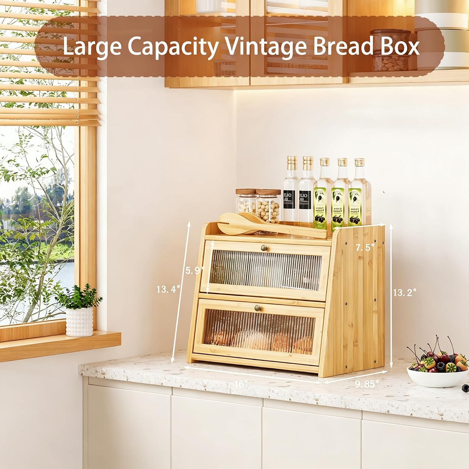 Double Layer Bamboo Bread Box with Window for Countertop | Natural Bamboo, Corner Bread Box, Double Layer with Clear
