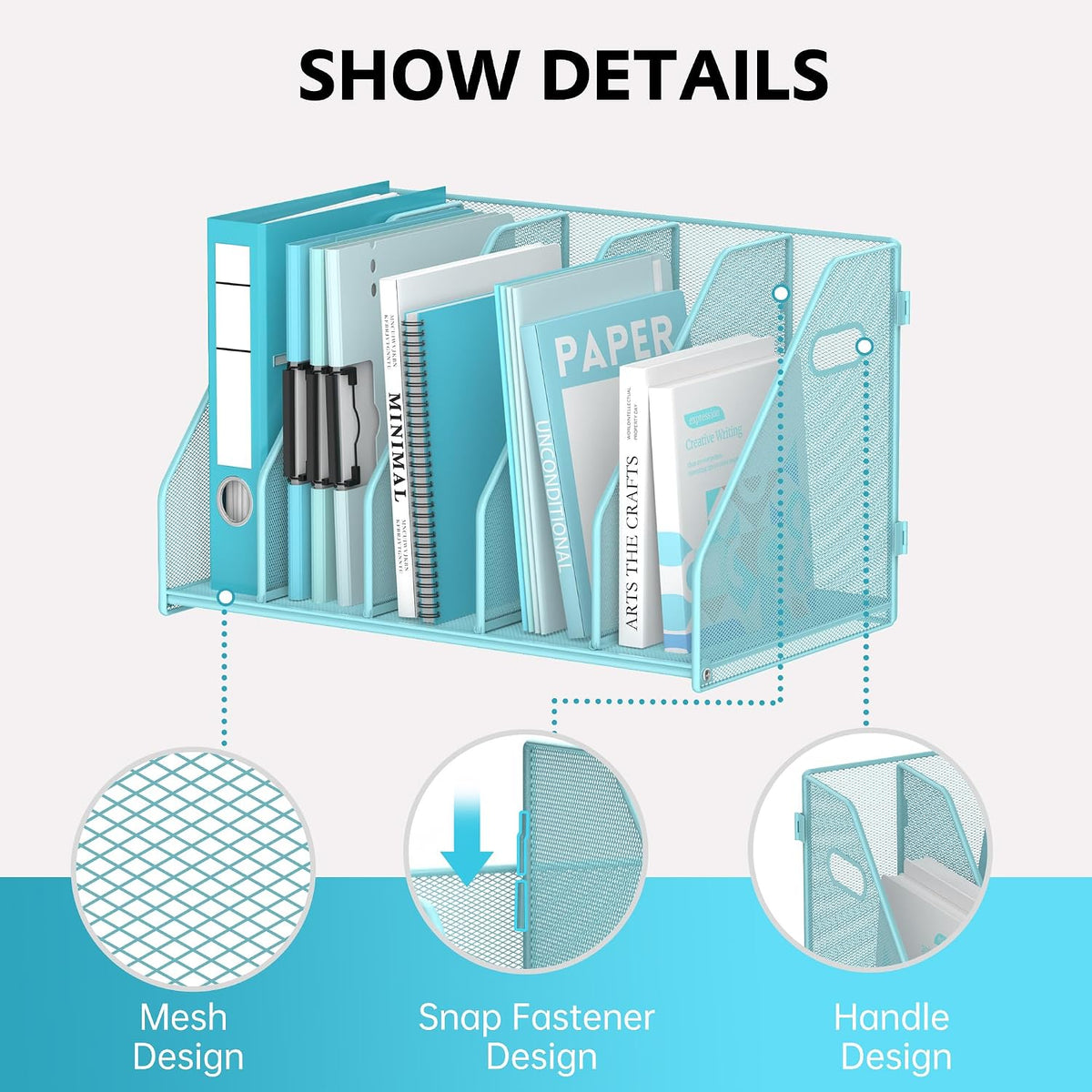 Binder Organizer, Magazine File Holder with 5 Vertical Rack, Blue | Metal Desk File Organizer & Binder Holders