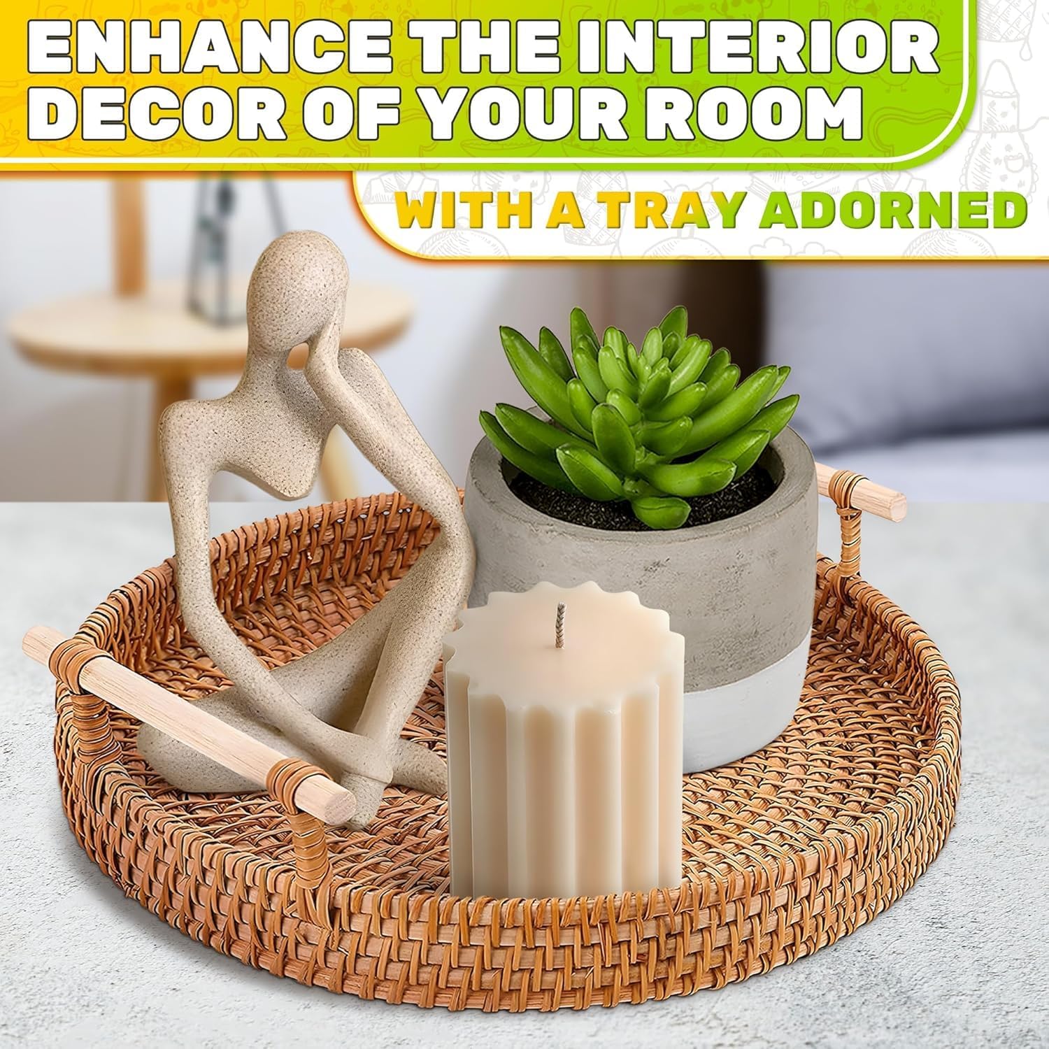 Woven Serving Basket / Rattan Tray 8.7- Round
