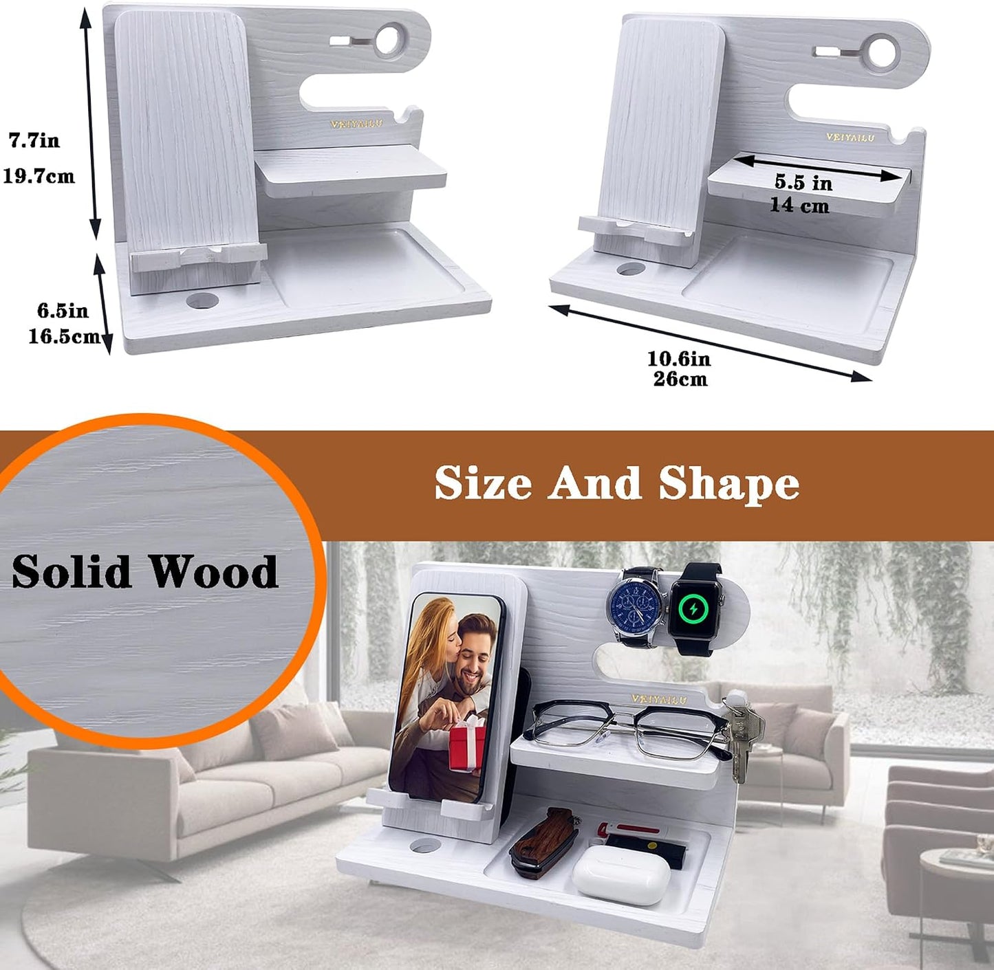 VEIYAILU Gifts for Women Girlfriend Men Him Husband Boyfriend Son Boss Wood Phone Docking Station Nightstand Organizer