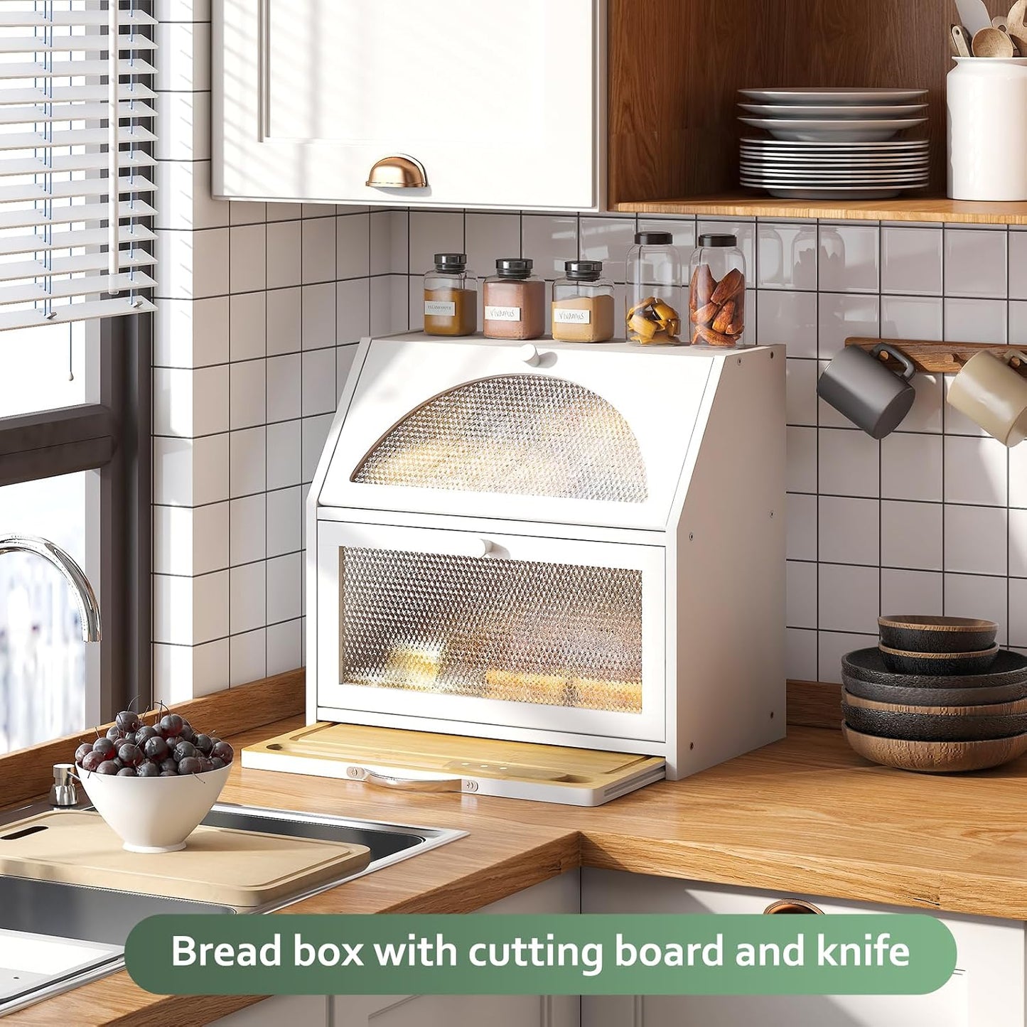 STDDRE Double Layer Bamboo Corner Bread Box with Cutting Board(White) | Extra-large capacity. Double Layer Bread