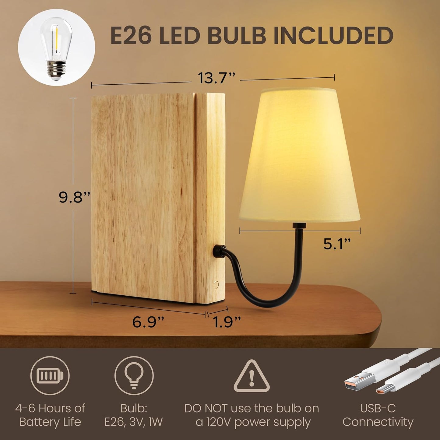 Solid Wood Bookshelf Lamp with Bulb, Cordless Rechargeable Touch Dimmable Table Lamp with Linen Fabric Shade, Modern