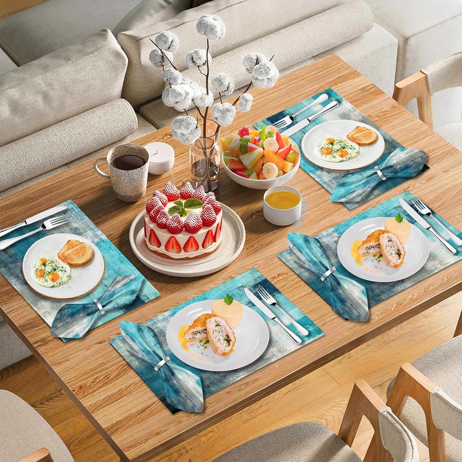MCALK 4 Each Turquoise Placemats and Cloth Napkins Set of 8, Modern Abstract Art Painted Placemat for Home Kitchen