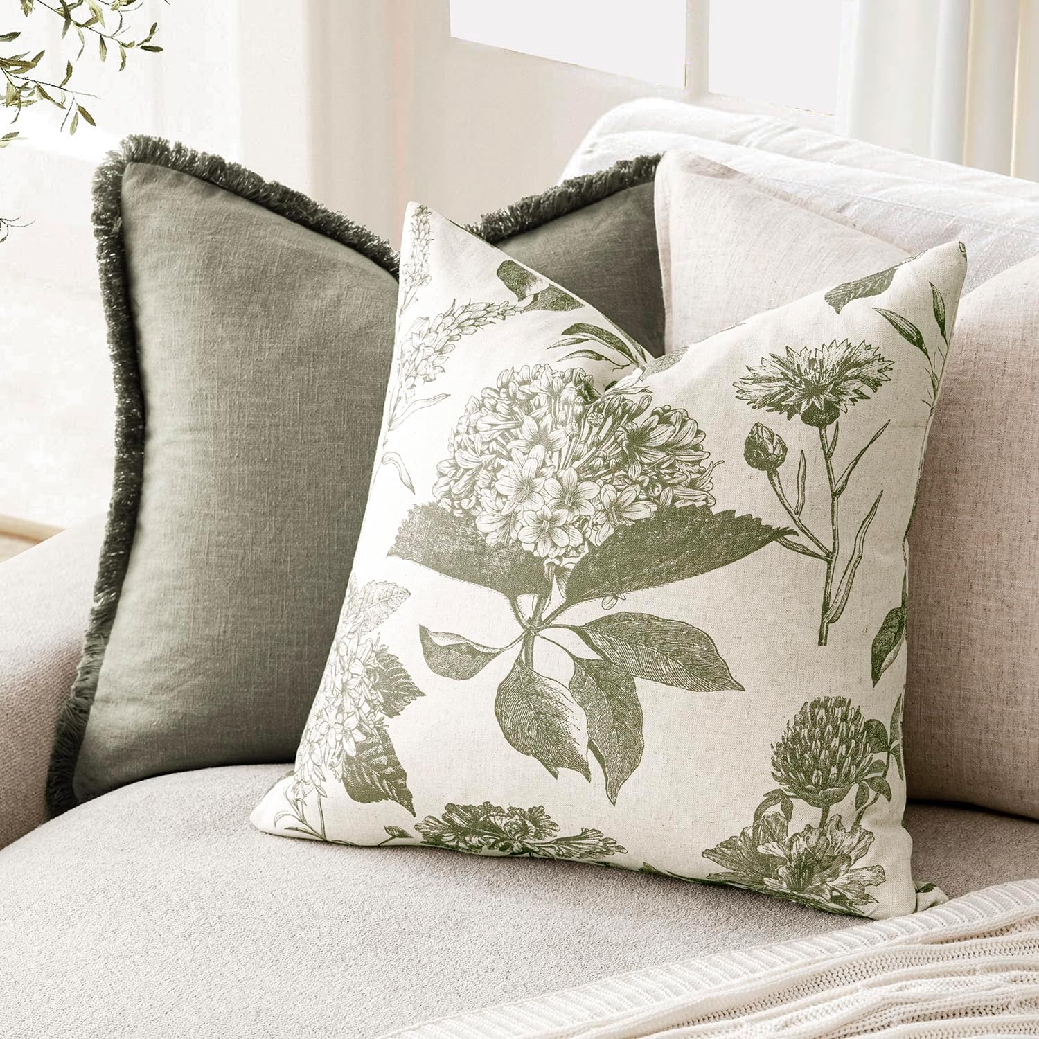 Linen Floral Vintage Throw Pillow Covers Neutral Accent Print / 18 x 18 / Cedar Green / Set of 2