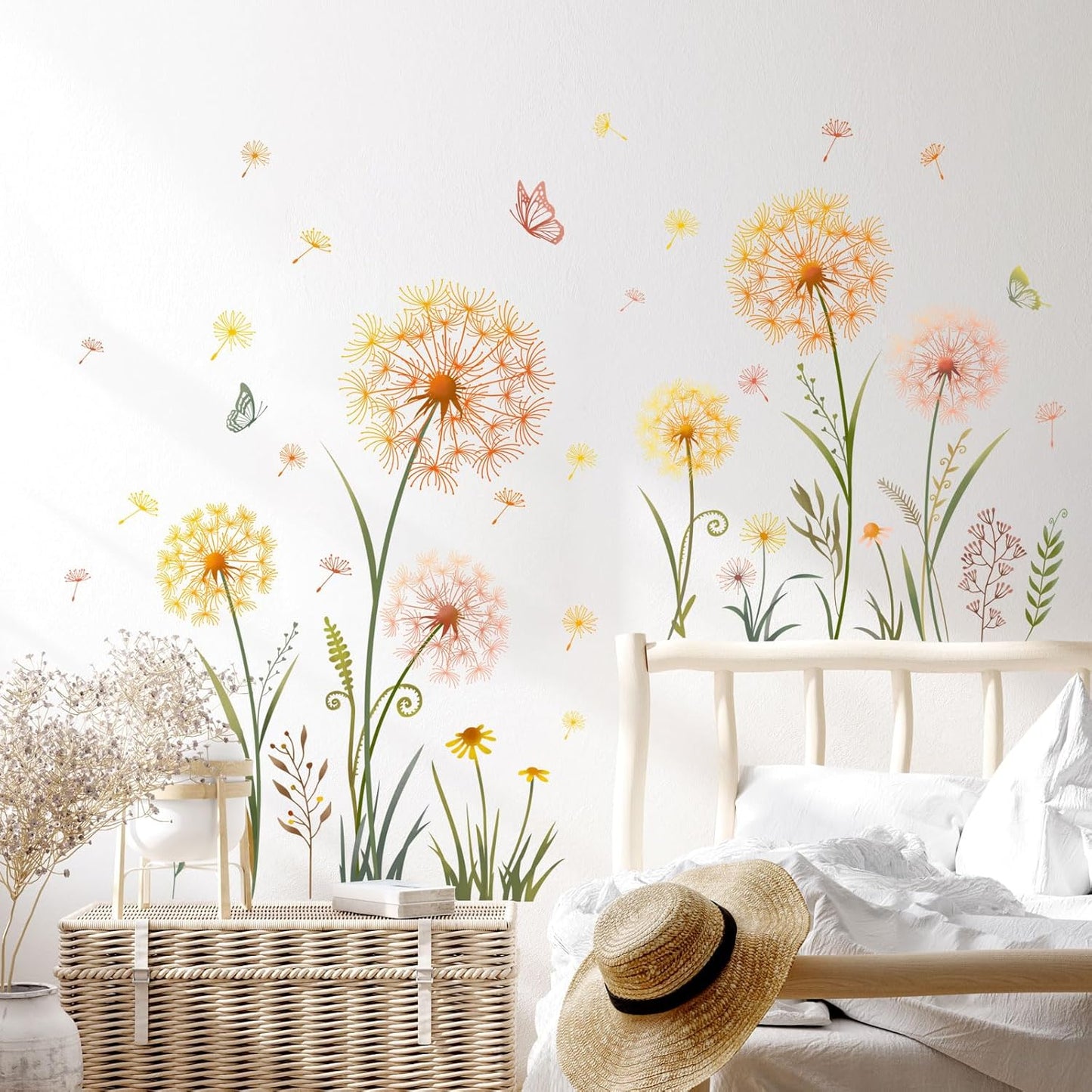 Dandelion Flower Butterfly Wall Decals Dandelion Plants Floral Wall Stickers Peel and Stick / Gold