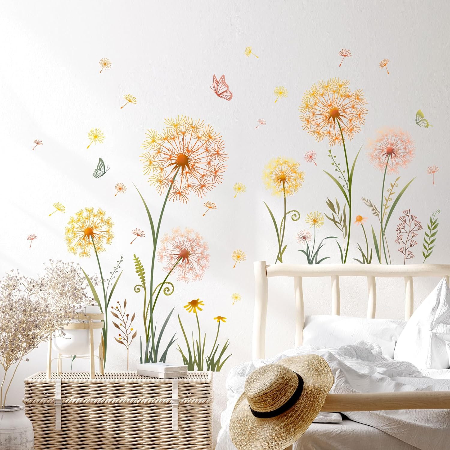 Dandelion Flower Butterfly Wall Decals Dandelion Plants Floral Wall Stickers Peel and Stick / Gold