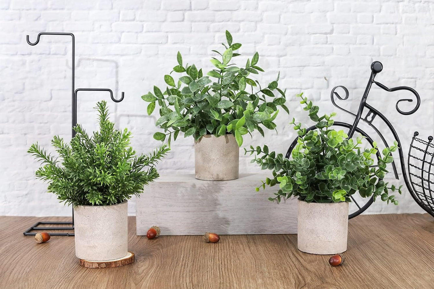 Mini Potted Fake Plants Artificial Plastic Eucalyptus Plants Topiaries / Green / Set of 3
