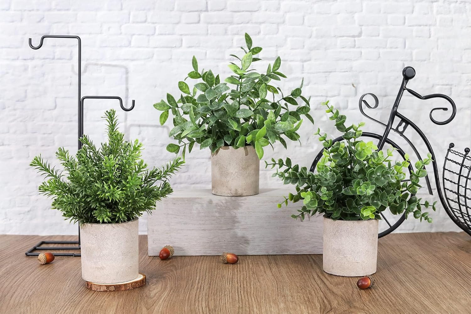 Mini Potted Fake Plants Artificial Plastic Eucalyptus Plants Topiaries / Green / Set of 3