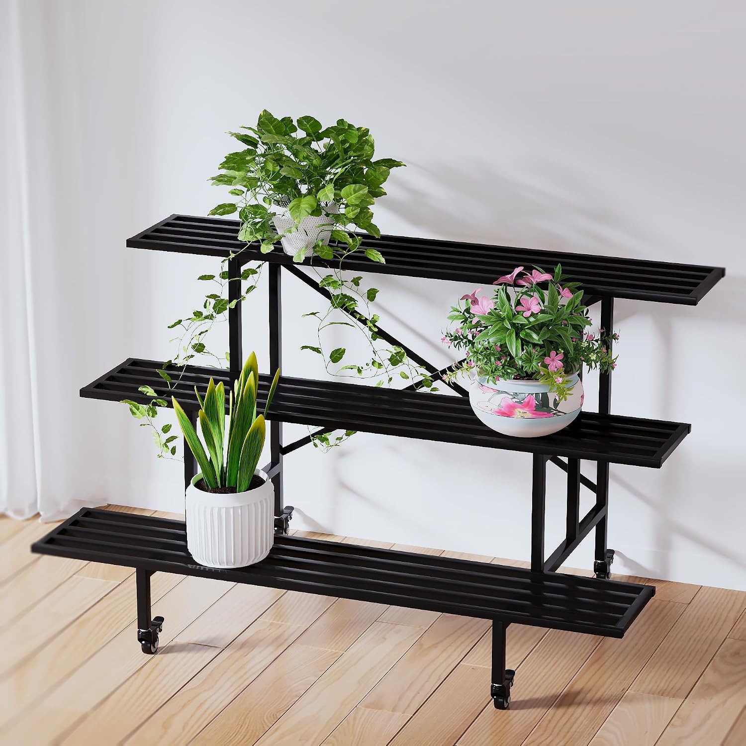 Zhongma 3 Tier Sturdy Metal Plant Stand with Wheels, L45.67 x W26 x H26 inch, Heavy Duty Plant Holder for Home Indoor