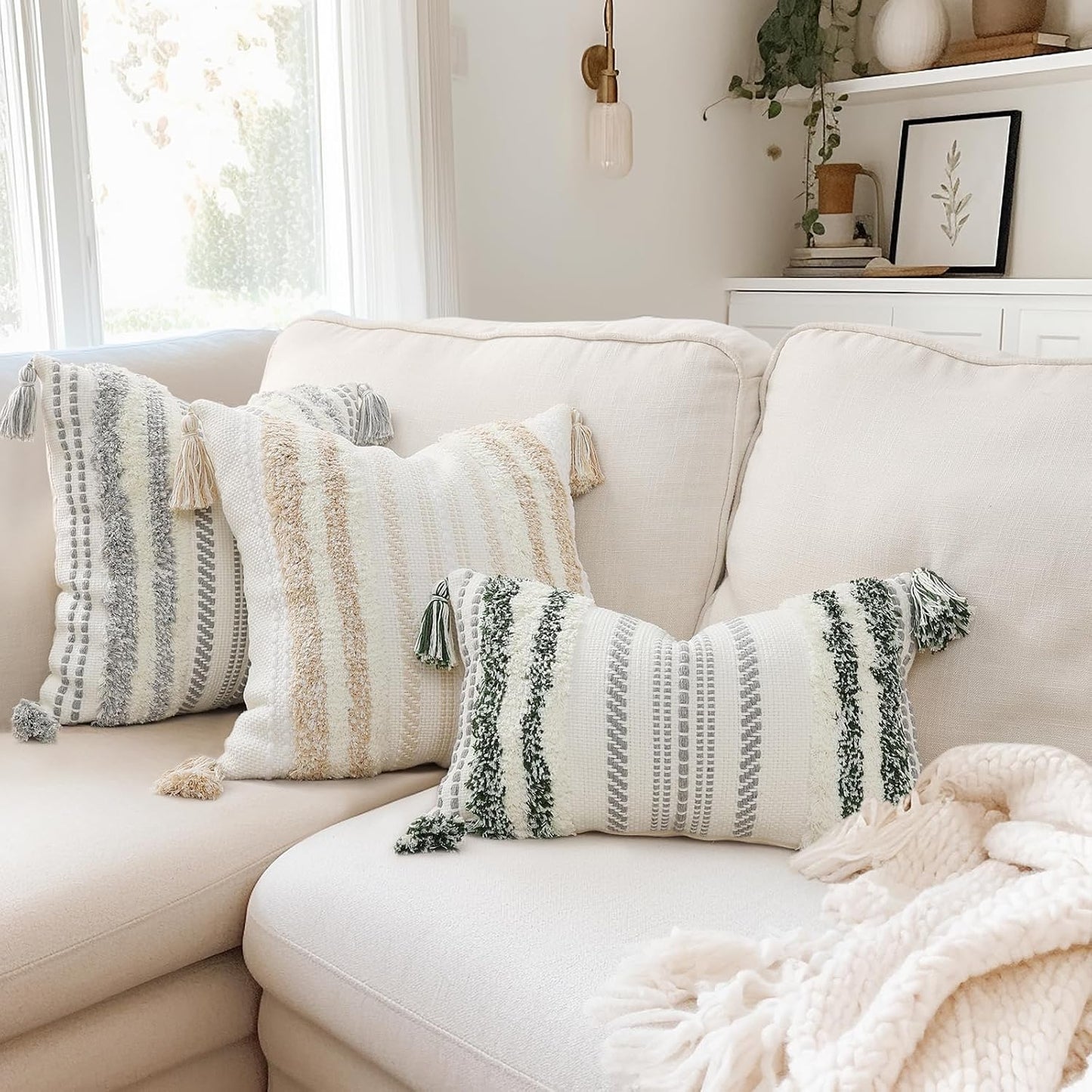 Summer Decorative Boho Throw Pillow Covers / 18 x 18 / Grey and Cream White / Set of 2